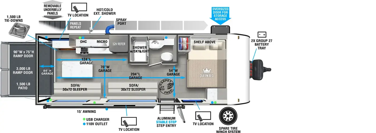 The Salem FSX 190RTK floorplan is a toy hauler that has one entry and zero slide outs. Exterior features include: fiberglass exterior and 15' awning. Interiors features include: front bedroom.